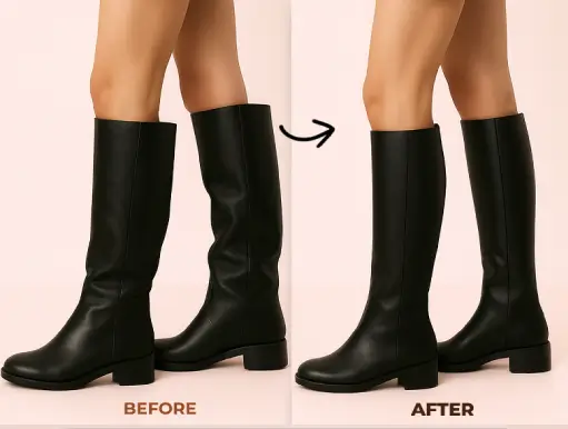 Before and after boot calf narrowing showing black boots adjusted from loose fit to tailored fit