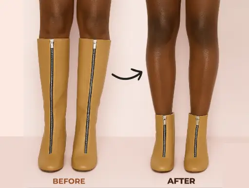 Before and after boot shortening showing tall leather boots tailored to ankle length for improved fit and style