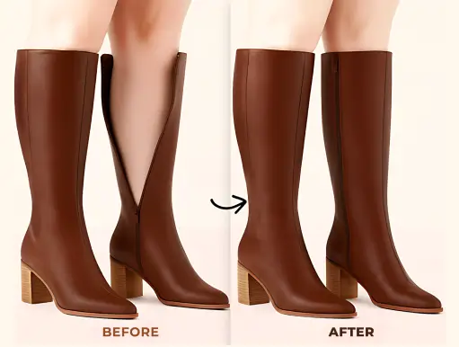 Before and after photo of women’s leather boots widened and altered for an improved wide calf fit